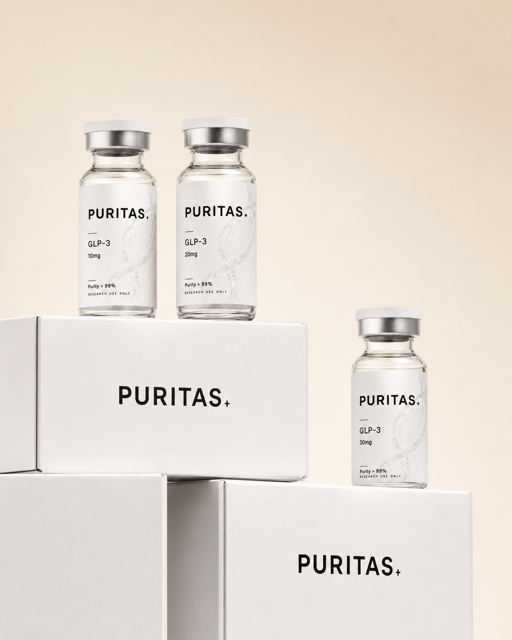 PURITAS GLP-3 research peptide vials and boxes in 10, 20 and 30 mg