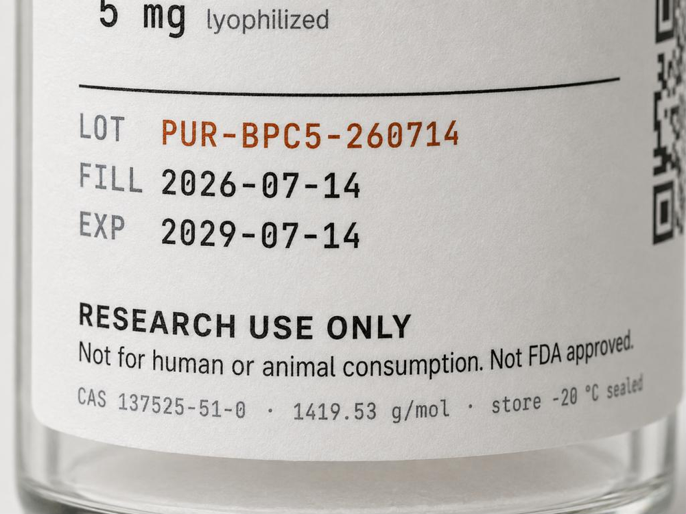 Close-up of the printed label on a curved glass vial, reading BPC-157, 5 mg lyophilized, and below a rule, LOT PUR-BPC5-260714 in copper with FILL 2026-07-14 and EXP 2029-07-14 in dark monospace, above the line RESEARCH USE ONLY.