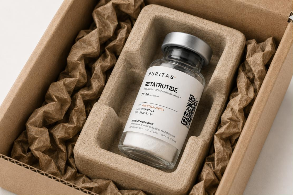 A single Puritas Retatrutide vial seated in a moulded pulp tray inside a kraft carton, surrounded by crumpled kraft paper packing. The label reads RETATRUTIDE, 10 mg lyophilized, LOT PUR-RTA10-260714, FILL 2026-07-14, EXP 2029-07-14, and RESEARCH USE ONLY.