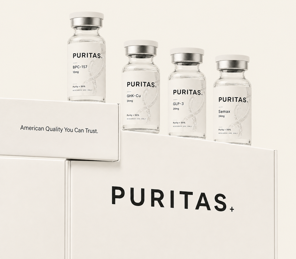 PURITAS research peptide vial lineup