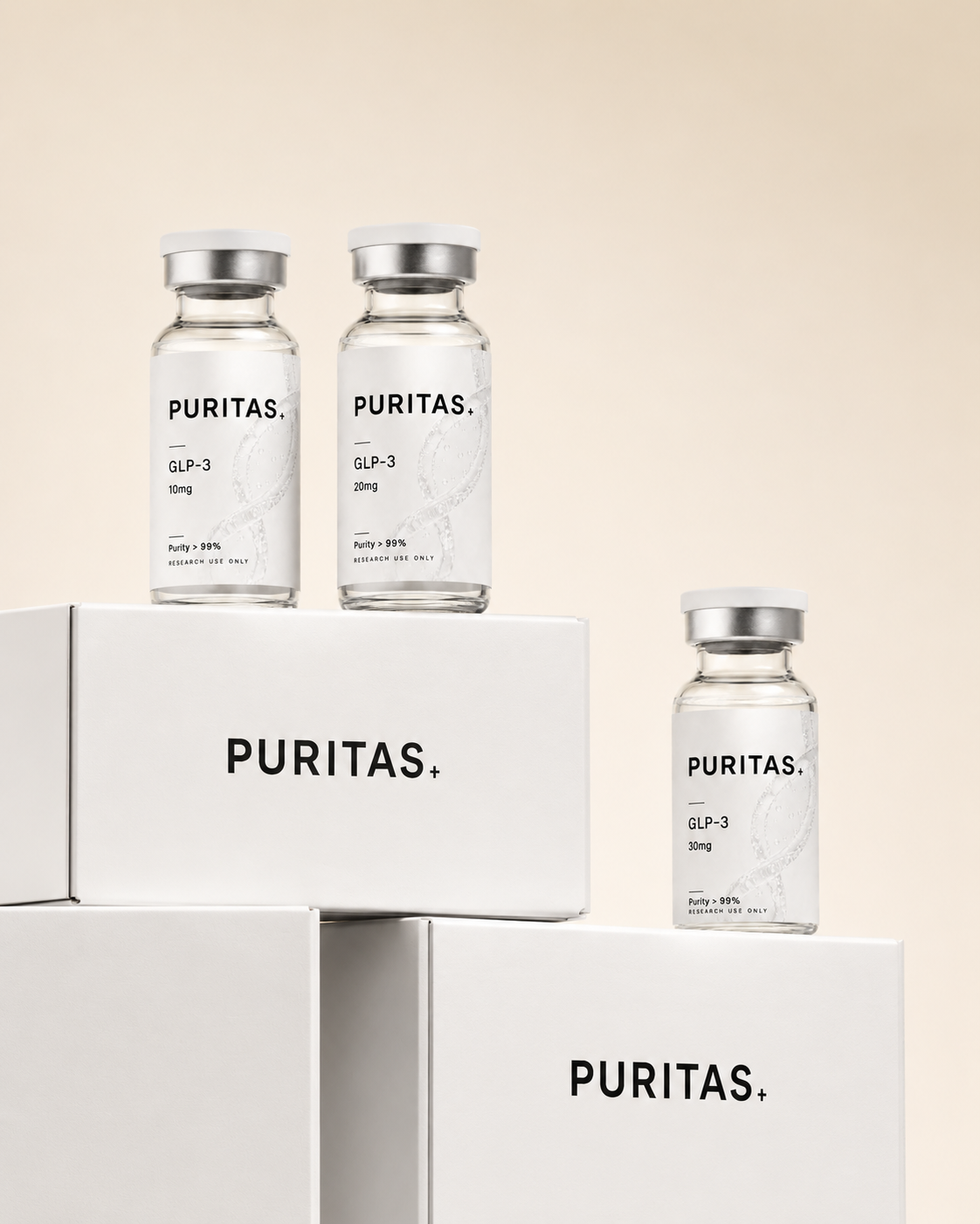 PURITAS GLP-3 research peptide vials and boxes in 10, 20 and 30 mg