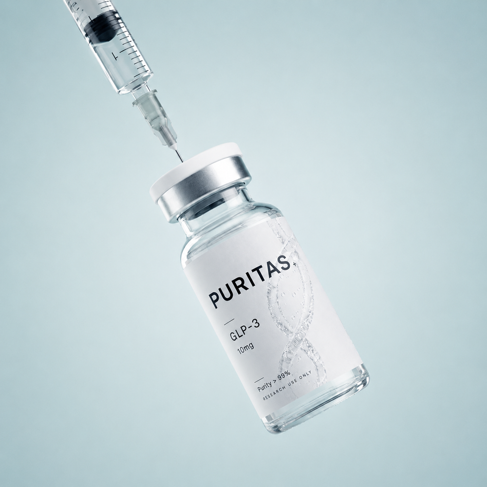 PURITAS GLP-3 research peptide vial with syringe