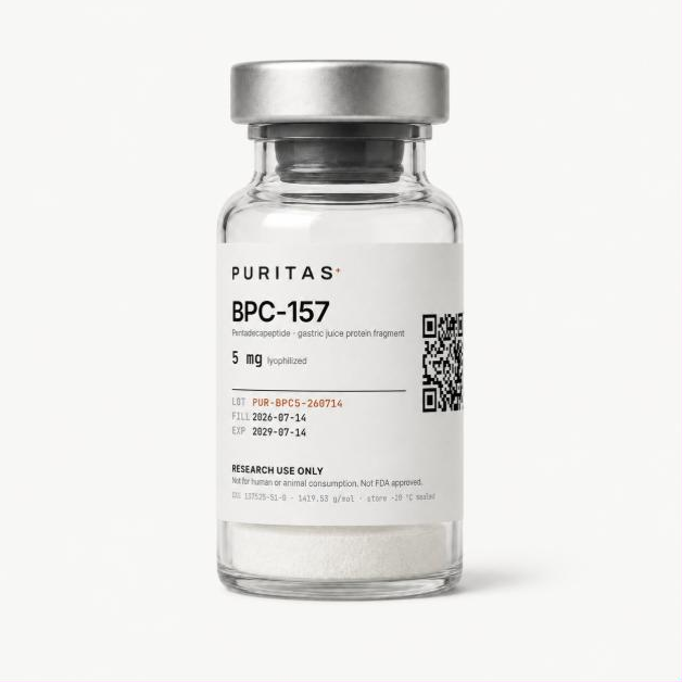 Puritas BPC-157 5 mg vial containing a white lyophilized cake, label showing lot PUR-BPC5-260714 and a QR code