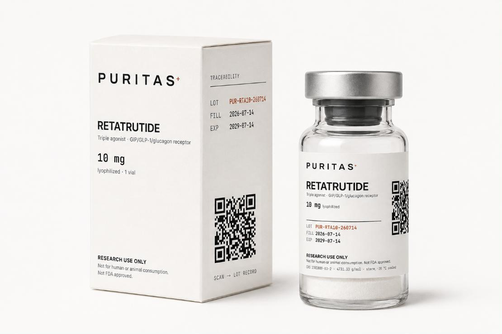 A Puritas carton standing beside its vial on a plain off-white ground. The carton front reads RETATRUTIDE, Triple agonist GIP/GLP-1/glucagon receptor, 10 mg lyophilized, 1 vial, and RESEARCH USE ONLY. Its side panel carries LOT PUR-RTA10-260714, FILL 2026-07-14, EXP 2029-07-14 and a QR code.