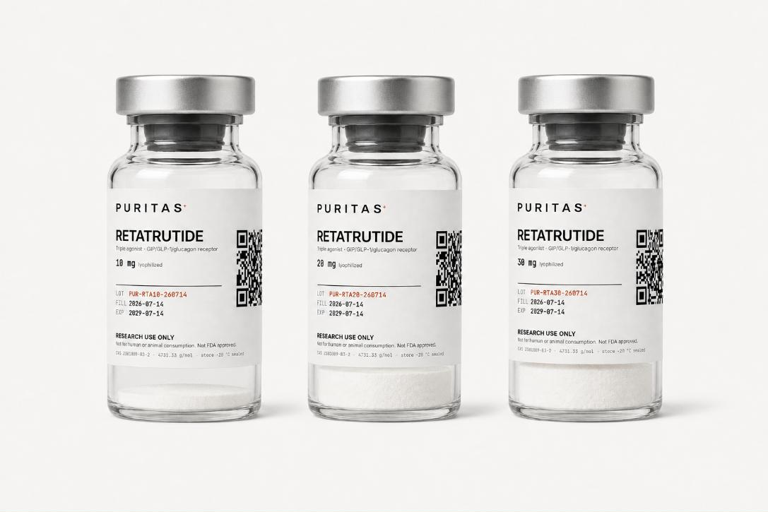 Three identically sized Puritas Retatrutide vials in a row, labelled 10 mg, 20 mg and 30 mg, carrying lot numbers PUR-RTA10-260714, PUR-RTA20-260714 and PUR-RTA30-260714. The white lyophilized cake inside increases in height across the three, showing the difference as fill rather than container size.