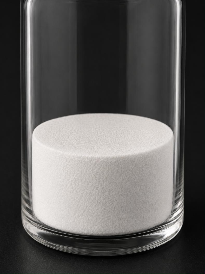 Close-up of the BPC-157 lyophilized cake inside a clear glass vial against a dark ground. The cake is a single intact white disc with a flat top, meeting the inside wall of the glass all the way around with no gap, its surface finely porous.