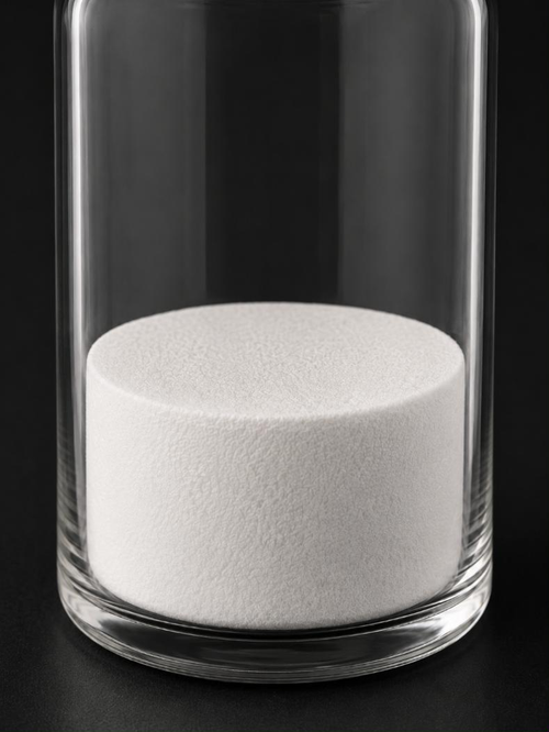 Close-up of the BPC-157 lyophilized cake inside a clear glass vial against a dark ground. The cake is a single intact white disc with a flat top, meeting the inside wall of the glass all the way around with no gap, its surface finely porous.