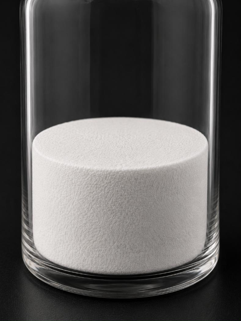 Close-up of the Semax lyophilized cake inside a clear glass vial against a dark ground. The cake is a single intact white disc with a flat top, full diameter against the glass wall, its surface finely porous.