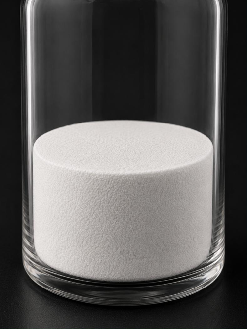 Close-up of the Semax lyophilized cake inside a clear glass vial against a dark ground. The cake is a single intact white disc with a flat top, full diameter against the glass wall, its surface finely porous.