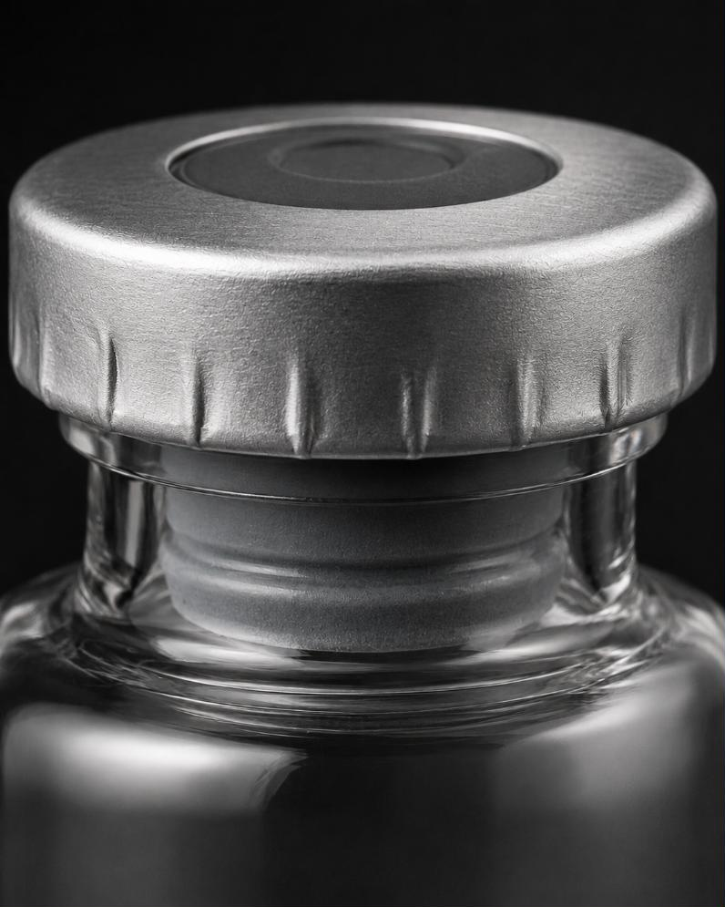 Close-up of a vial closure against a dark ground: a brushed silver aluminium crimp seal with visible crimp folds wrapping under the glass neck flange, a matte dark grey flip-off disc on top, and a grey rubber stopper seated in the neck beneath.