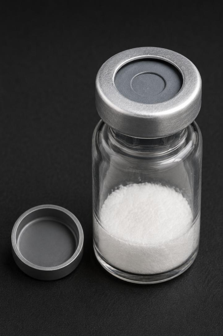 Close-up of a vial closure with the flip-off disc removed, exposing the grey rubber stopper seated inside the crimped aluminium seal.
