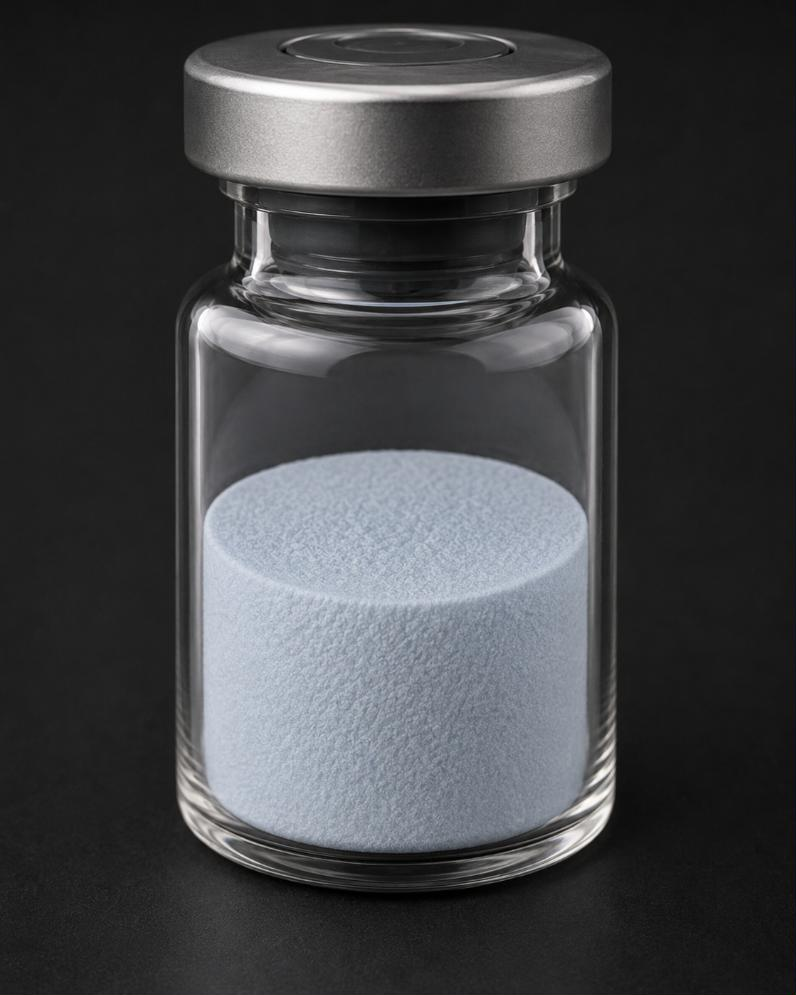 Wide close-up of the GHK-Cu lyophilized cake inside a clear glass vial against a dark ground. The cake is pale blue, intact and full diameter, with a flat top and a fine porous surface.