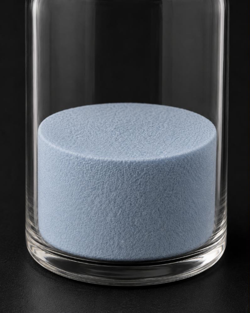 Close-up of the GHK-Cu lyophilized cake inside a clear glass vial against a dark ground. The cake is pale blue-grey, intact and full diameter, with a flat top and a fine porous surface.