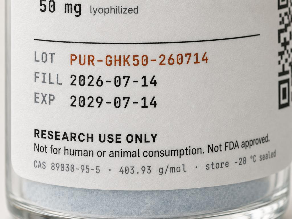 Close-up of the printed label on a curved glass vial, reading GHK-Cu, 50 mg lyophilized, and below a rule, LOT PUR-GHK50-260714 in copper with FILL 2026-07-14 and EXP 2029-07-14 in dark monospace, above the line RESEARCH USE ONLY.