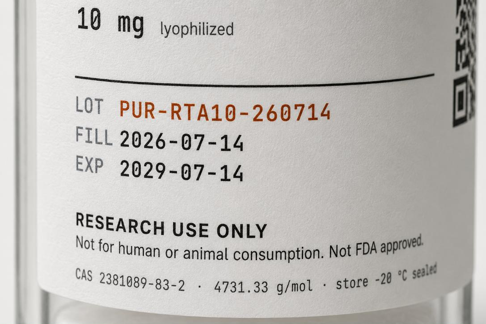 Close-up of the printed label on a curved glass vial, reading 10 mg lyophilized, and below a rule, LOT PUR-RTA10-260714 in copper with FILL 2026-07-14 and EXP 2029-07-14 in dark monospace. Beneath that: RESEARCH USE ONLY and the line Not for human or animal consumption. Not FDA approved.