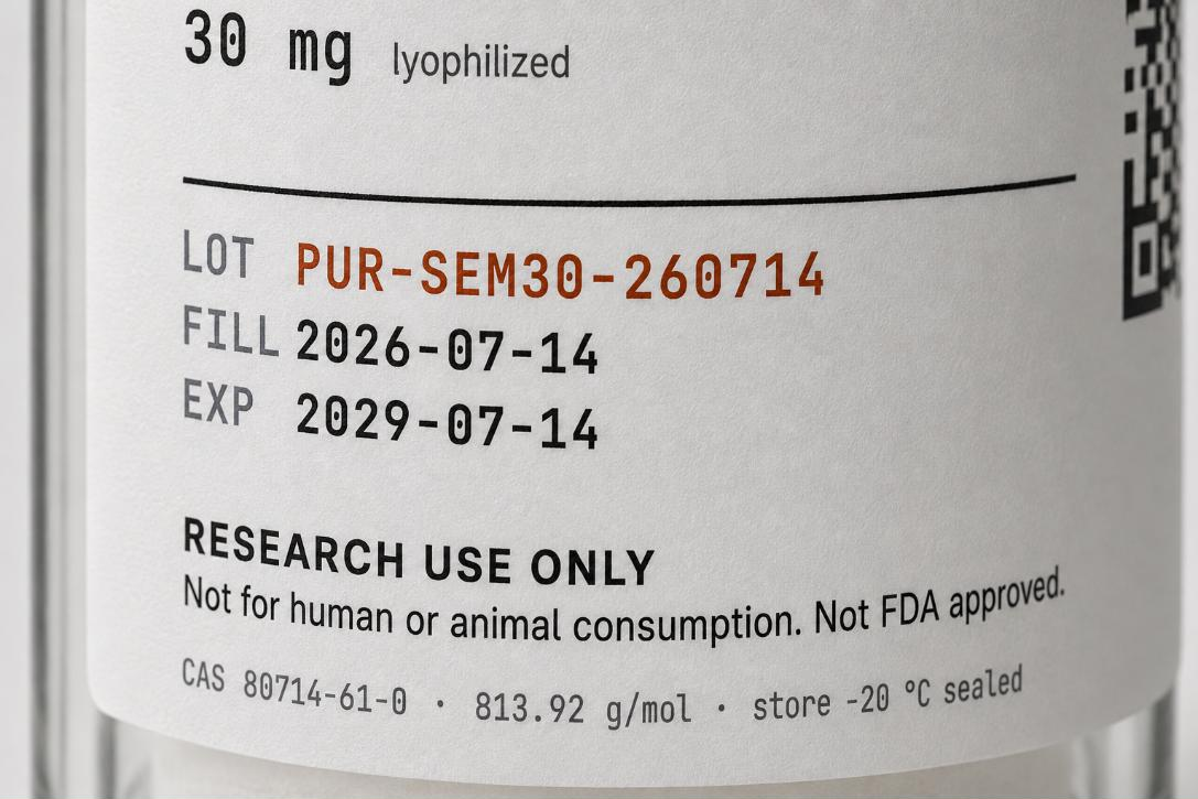 Close-up of the printed label on a curved glass vial, reading SEMAX, 30 mg lyophilized, and below a rule, LOT PUR-SEM30-260714 in copper with FILL 2026-07-14 and EXP 2029-07-14 in dark monospace, above the line RESEARCH USE ONLY.