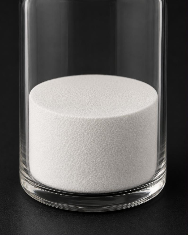 Close-up of a white lyophilized cake inside a clear glass vial, photographed against a dark graphite ground. The cake is a single intact disc with a flat top, meeting the inside wall of the glass all the way around with no gap. Raking light picks out its fine porous surface texture.