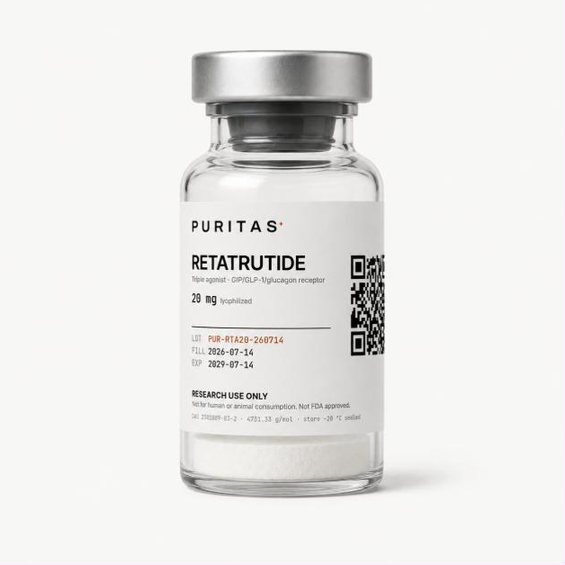 Puritas Retatrutide 20 mg vial containing a white lyophilized cake, label showing lot PUR-RTA20-260714 and a QR code