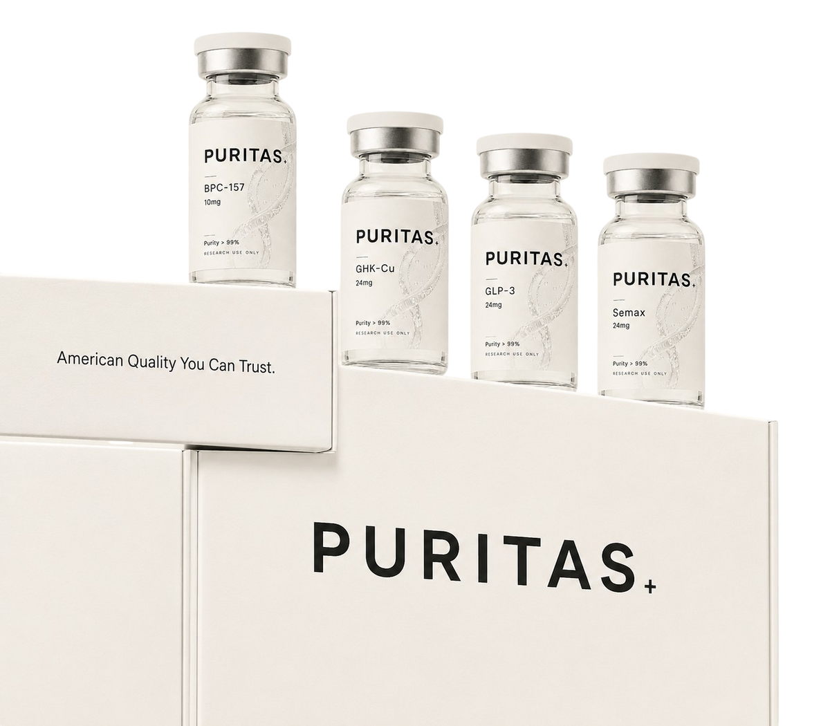 Puritas research peptide vials and packaging
